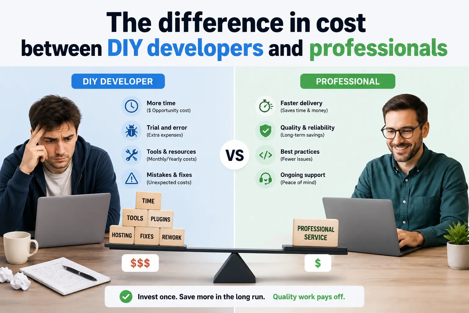 The difference in cost between DIY developers and professionals